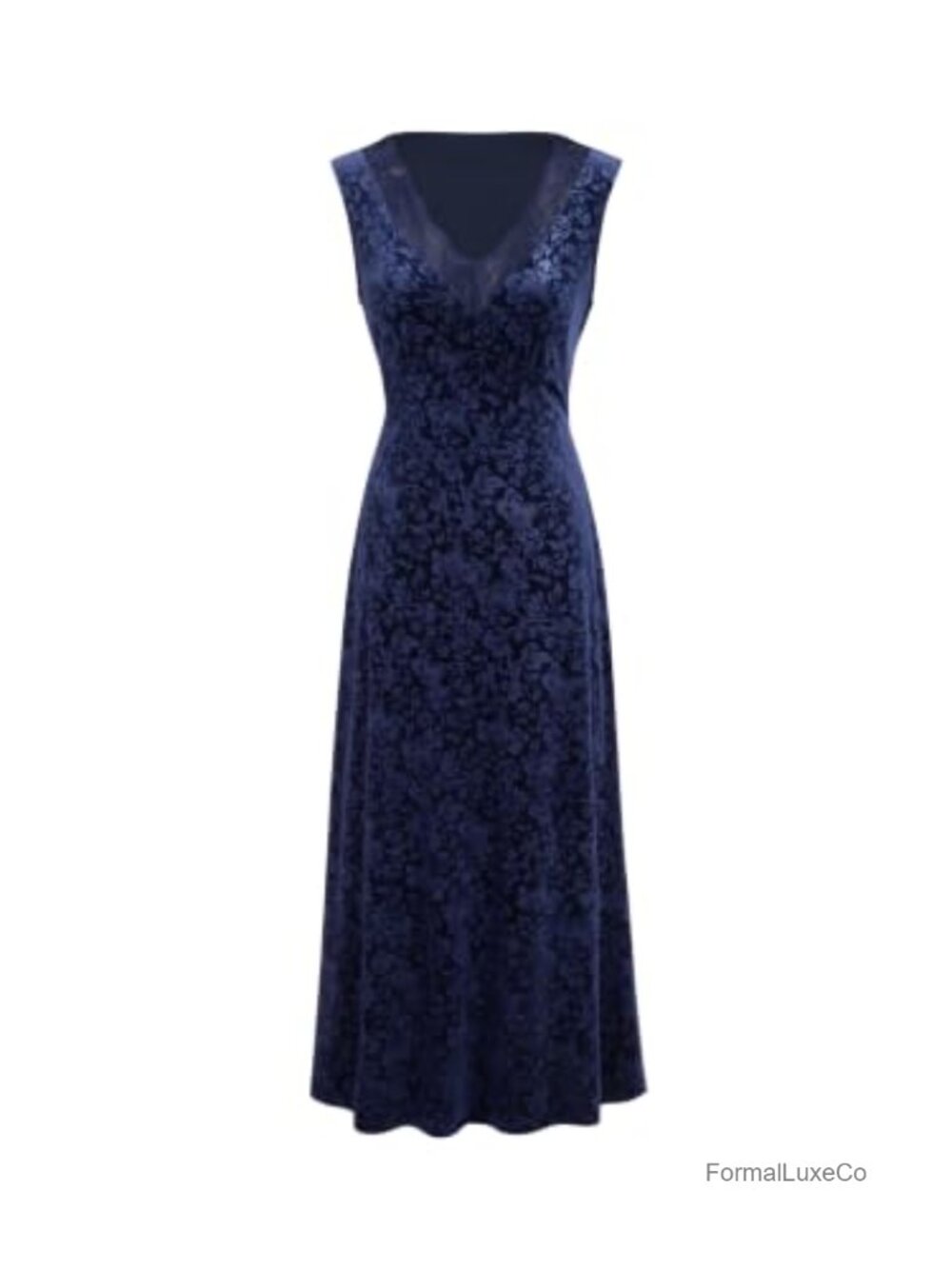 Velvet Maxi Dress V Neck Lace Trim Sleeveless Formal Party Gown